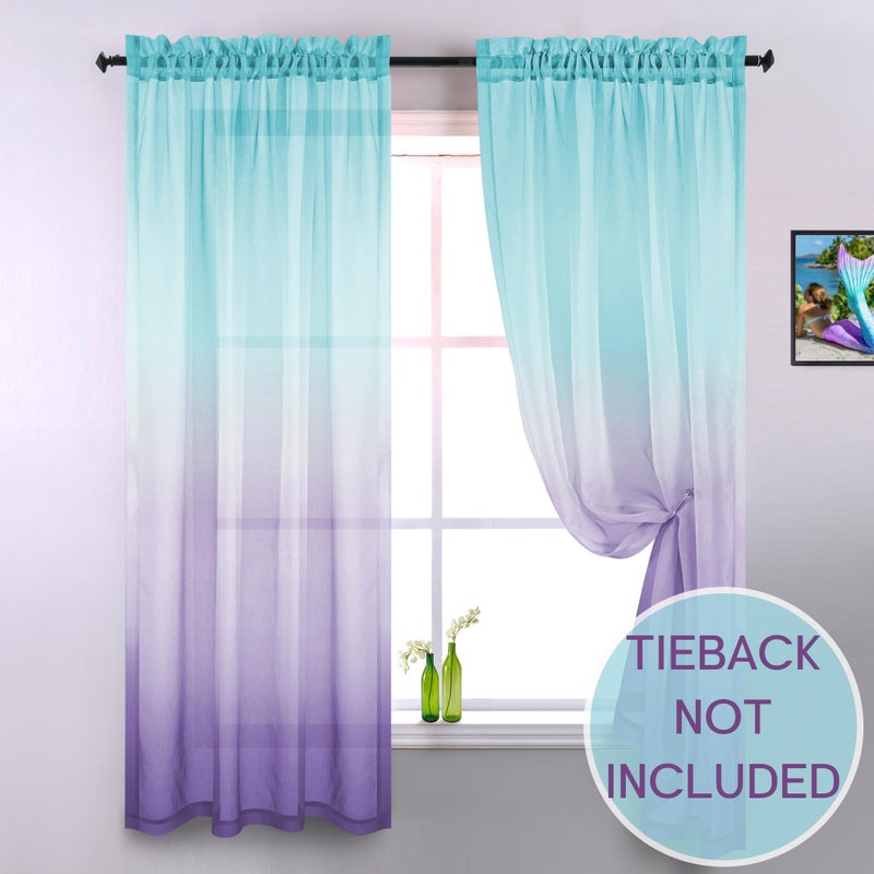 KOUFALL Lavender Purple and Teal Curtains for Kids Girls Bedroom, Mermaid Room Decor, Ombre Sheer Curtains for Nursery Girls Room, Wide 52 x 63 Inch Length, 2 Panels Set - Image 2